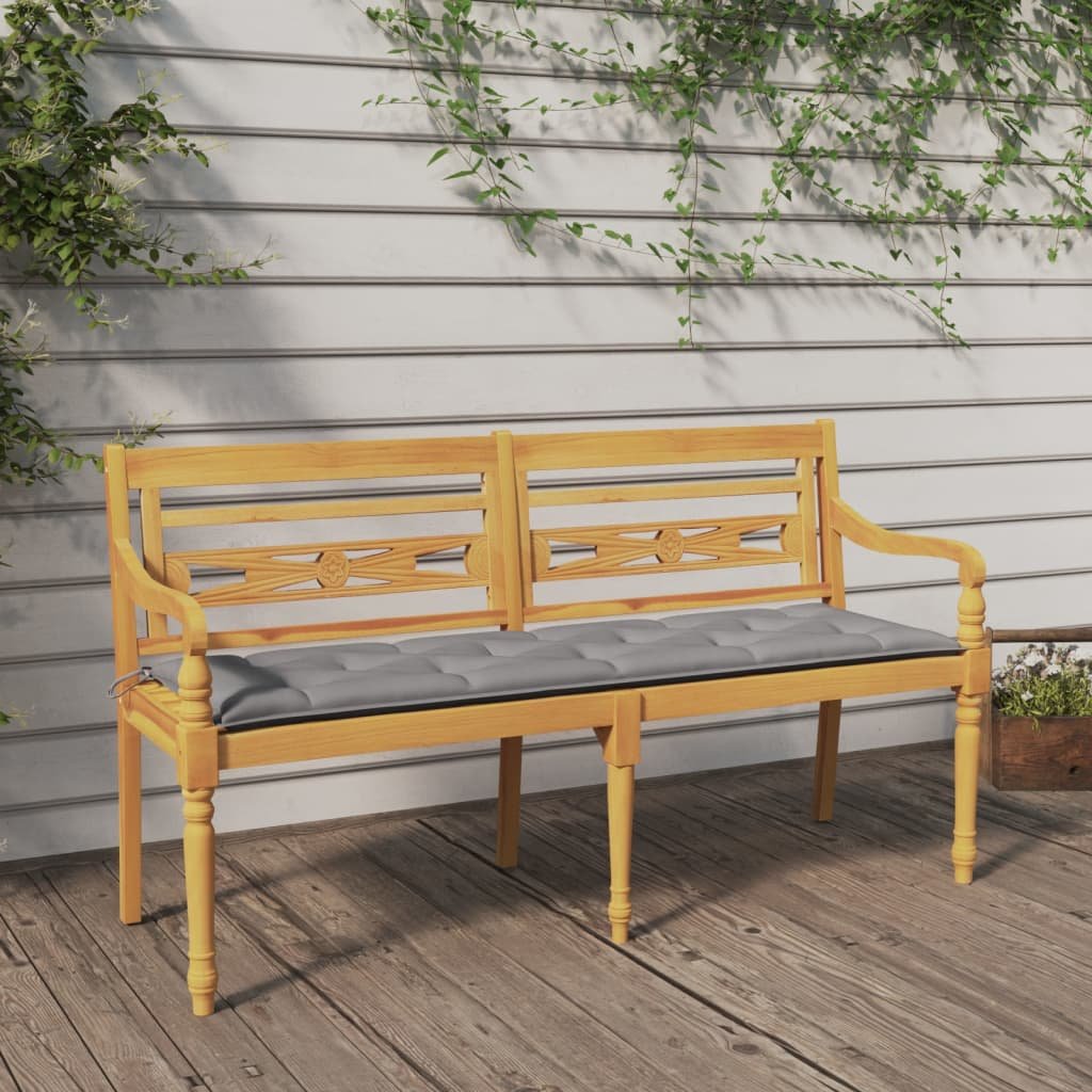 vidaXL Ławka Batavia z szara poduszką, 150 cm, lite drewno tekowe