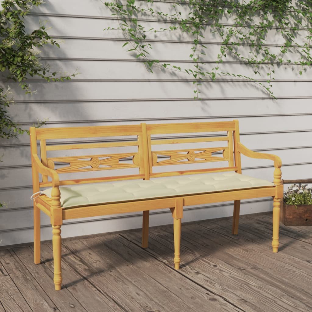 vidaXL Ławka Batavia z kremowa poduszką, 150 cm, lite drewno tekowe