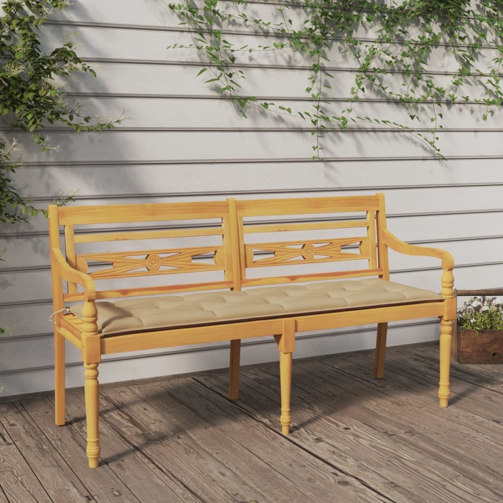 vidaXL Ławka Batavia z beżową poduszką, 150 cm, lite drewno tekowe