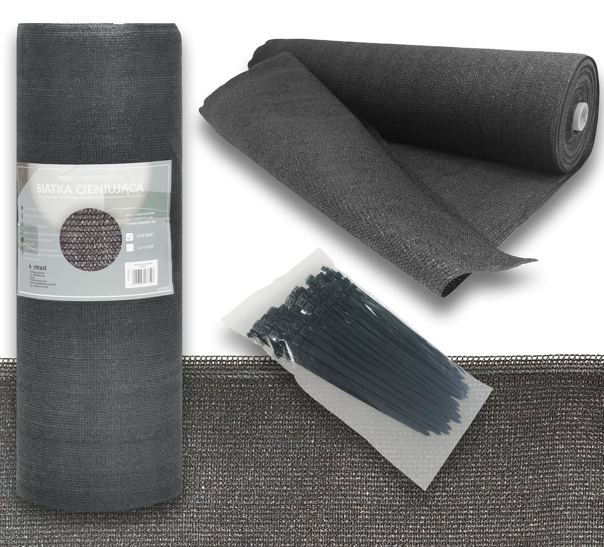 Siatka Cieniująca 90% Maskująca Na Płot 1,5X50M Szara + Opaski