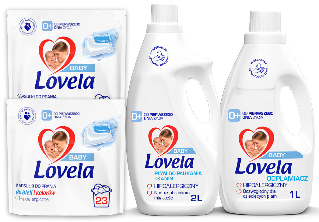 Lovela Baby Zestaw - Kapsułki Do Prania 46 Sztuk + Płyn Do Płukania Tkanin 2 L + Odplamiacz 1 L