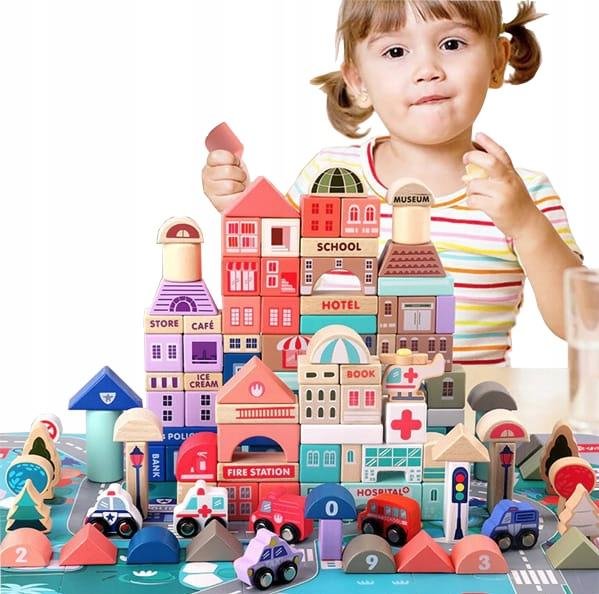 Drewniane Klocki Edukacyjne Zestaw Miasto 115 el