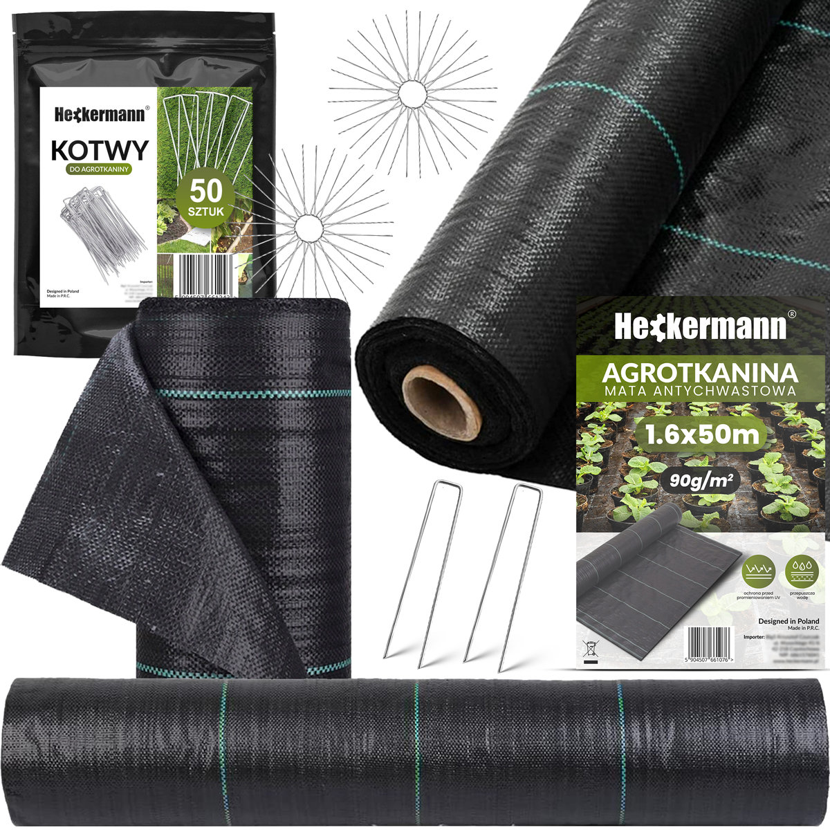 Zestaw Agrotkanina Heckermann 1,6X50M 90G/M2 Czarna + Kołki Metalowe 50 Szt