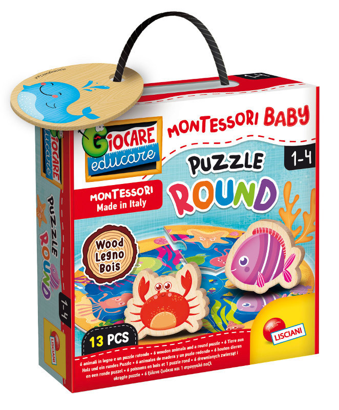 Montessori.Puzzle 13el, drewniane okrągłe, Zwierzęta morskie .ISCIANI