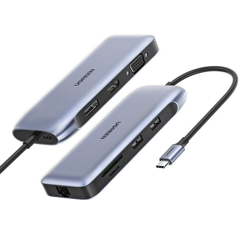 UGREEN wielofunkcyjny HUB 9w1 USB Typ C - HDMI, DP, VGA, 2 x USB, RJ45 Ethernet, czytnik kart SD/TF, USB Typ C PD 100W szary (CM274) CM274