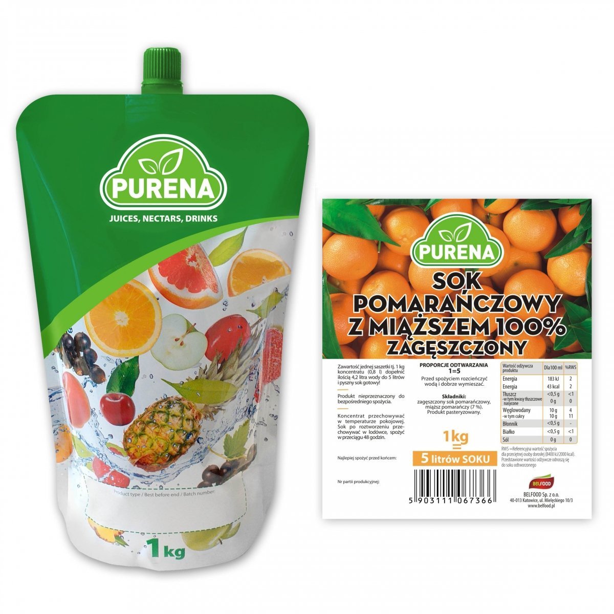 PURENA Sok Pomarańczowy z Miąższem 1kg