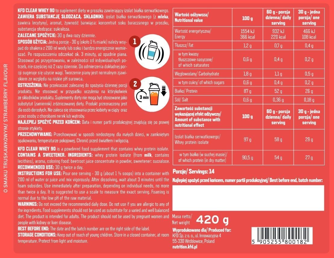 Izolat Białka KFD Clear Whey 90 420g Truskawka