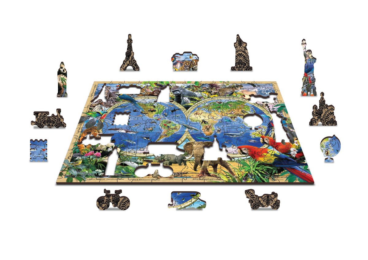 Drewniane Puzzle z figurkami – Zwierzęta świata mapa rozm. XL, 1010 elementów