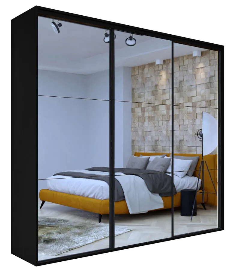 Szafa 3 drzwiowa z lustrem czarna + czarne szprosy M6-A80