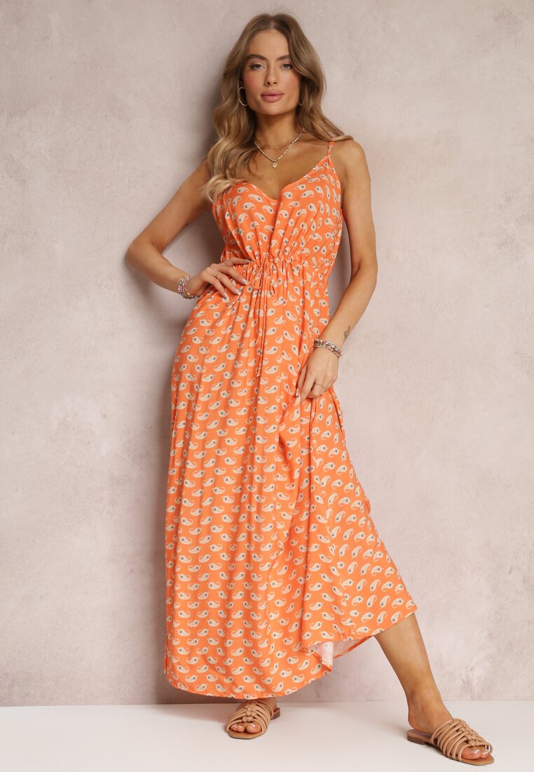 Pomarańczowa Sukienka Maxi na Ramiączkach z Wiskozy Satha