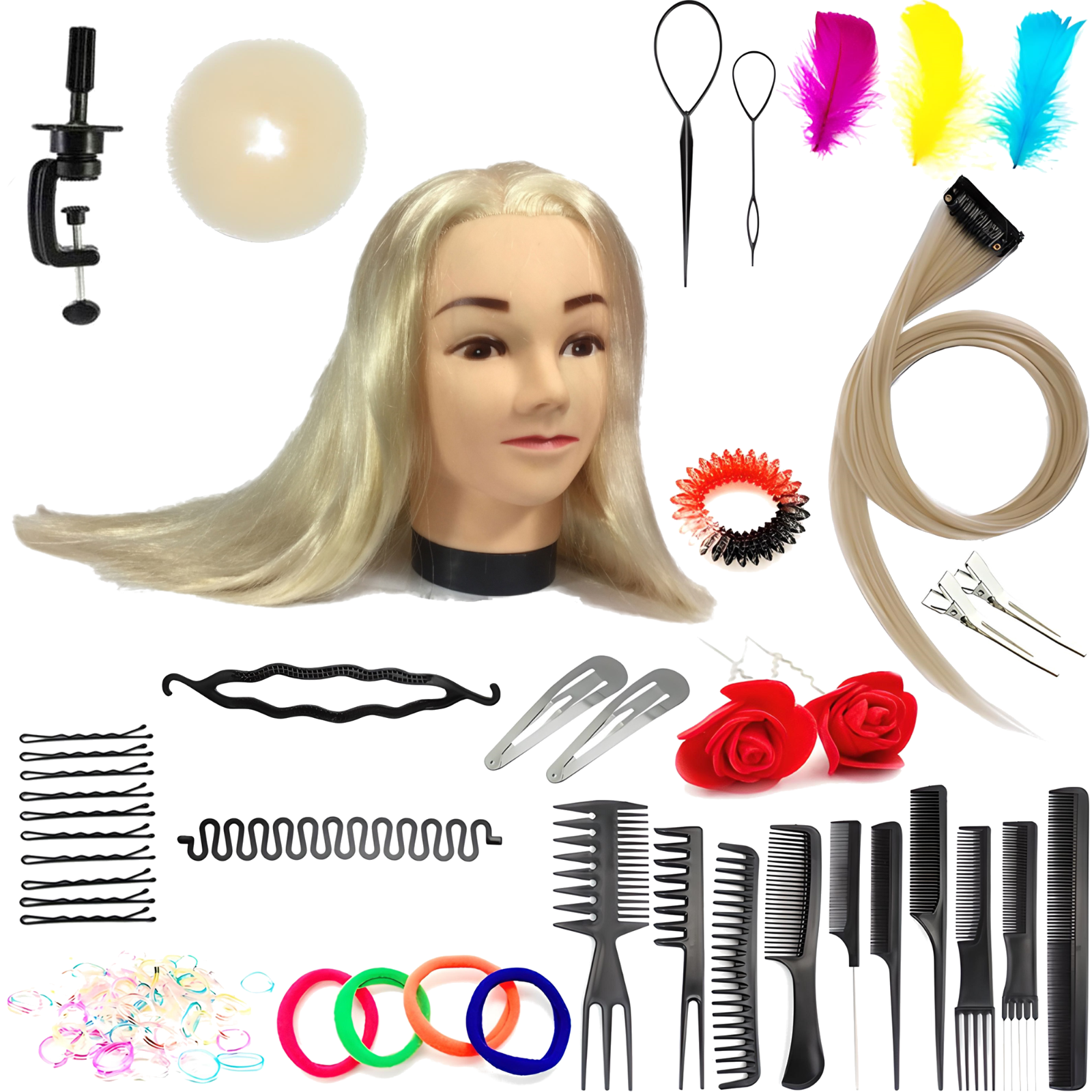 Zestaw główka treningowa Aneta 55 Blond, włos syntetyczny + 80 akcesoriów + uchwyt, fryzjerska do czesania, głowa do ćwiczeń