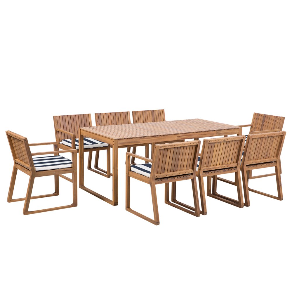 Beliani Zestaw ogrodowy drewniany stół i 8 krzeseł z poduszkami niebiesko-biał