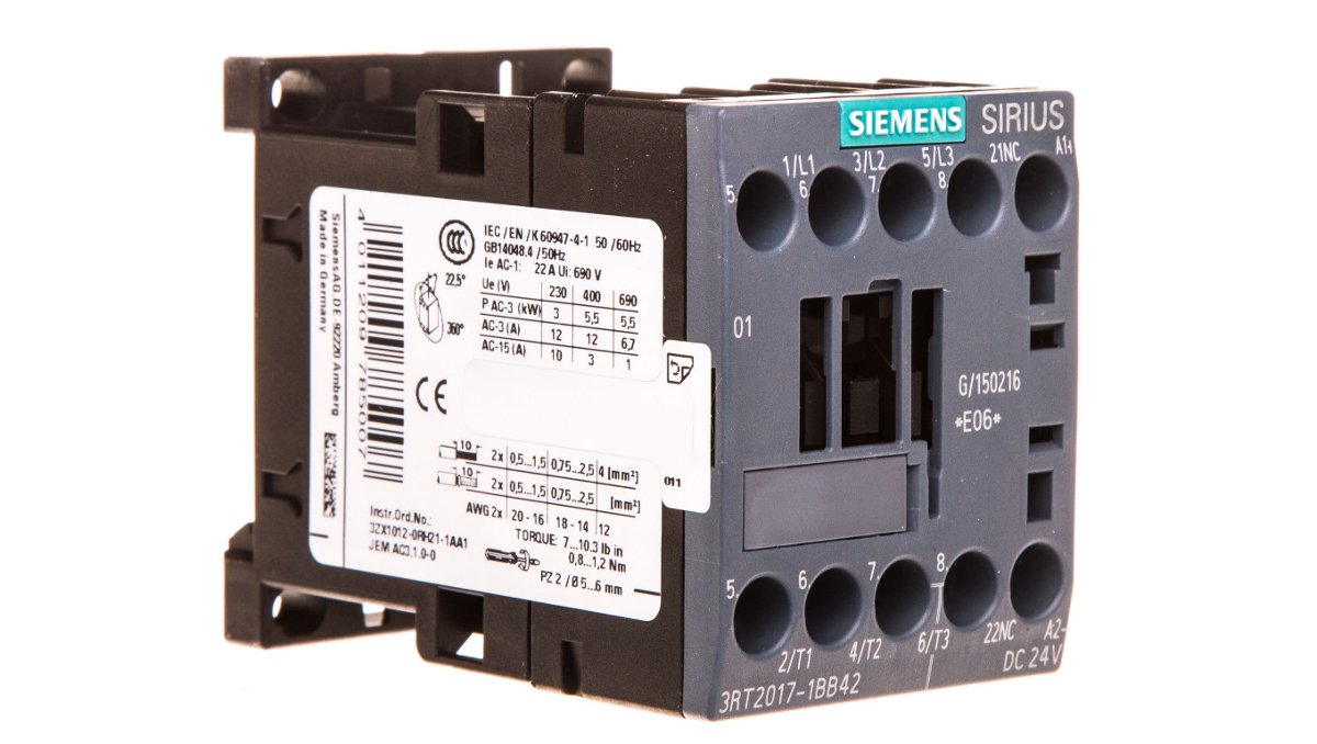 Siemens Contactor.ac3:5.5kw 1nc dc24v 3rt2017-1bb42