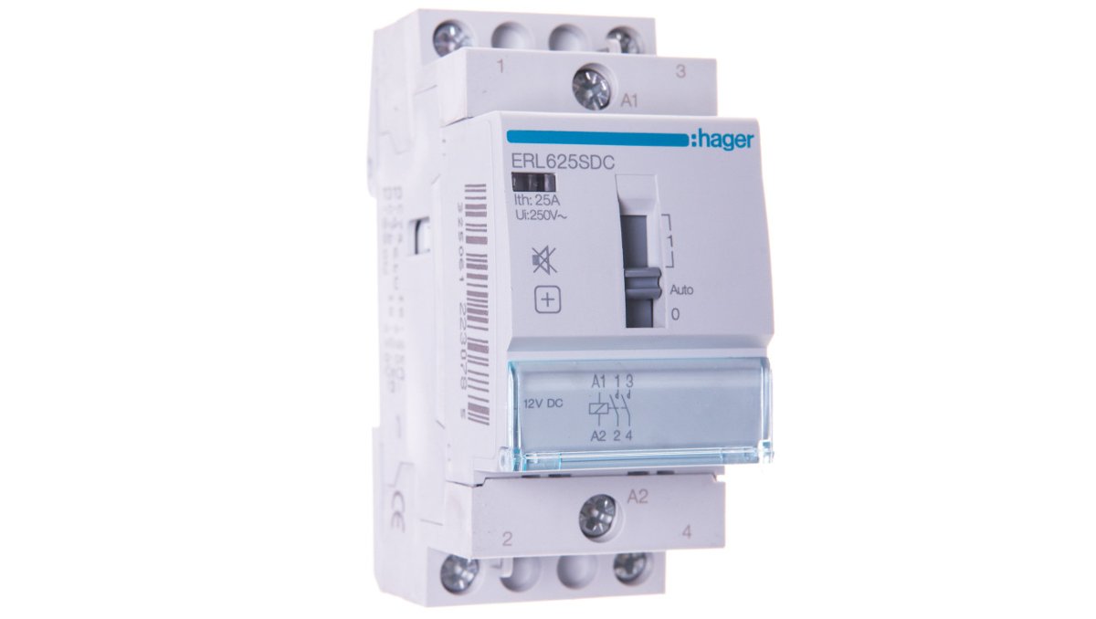 Hager polo Stycznik modułowy cichy ze sterowaniem ręcznym 25A 2Z 12V DC ERL625SDC ERL625SDC