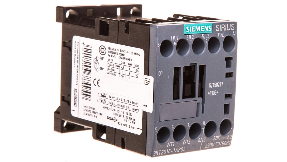 Siemens Indus.Sector stycznik 3rt2016  1 AP02 230 AC 4 KW/400 V, 1Ö stycznik rozmiar konstrukcyjny S00 moc do przełączania prądu przemiennego 4011209784949 3RT2016-1AP02