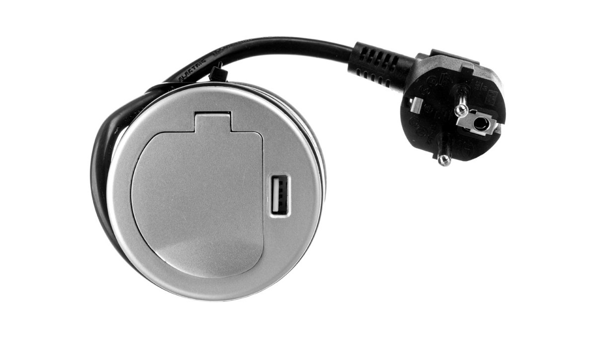 Orno Gniazdo meblowe wpuszczane w blat 1x250V AC z pokrywką, ładowarką USB i przewodem 1,8m OR-AE-1373 OR-AE-1373