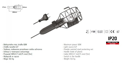 Lena Lighting Oprawa przenośna warsztatowa 1x100W PRACTIC 100 przewód 10m 002120 002120