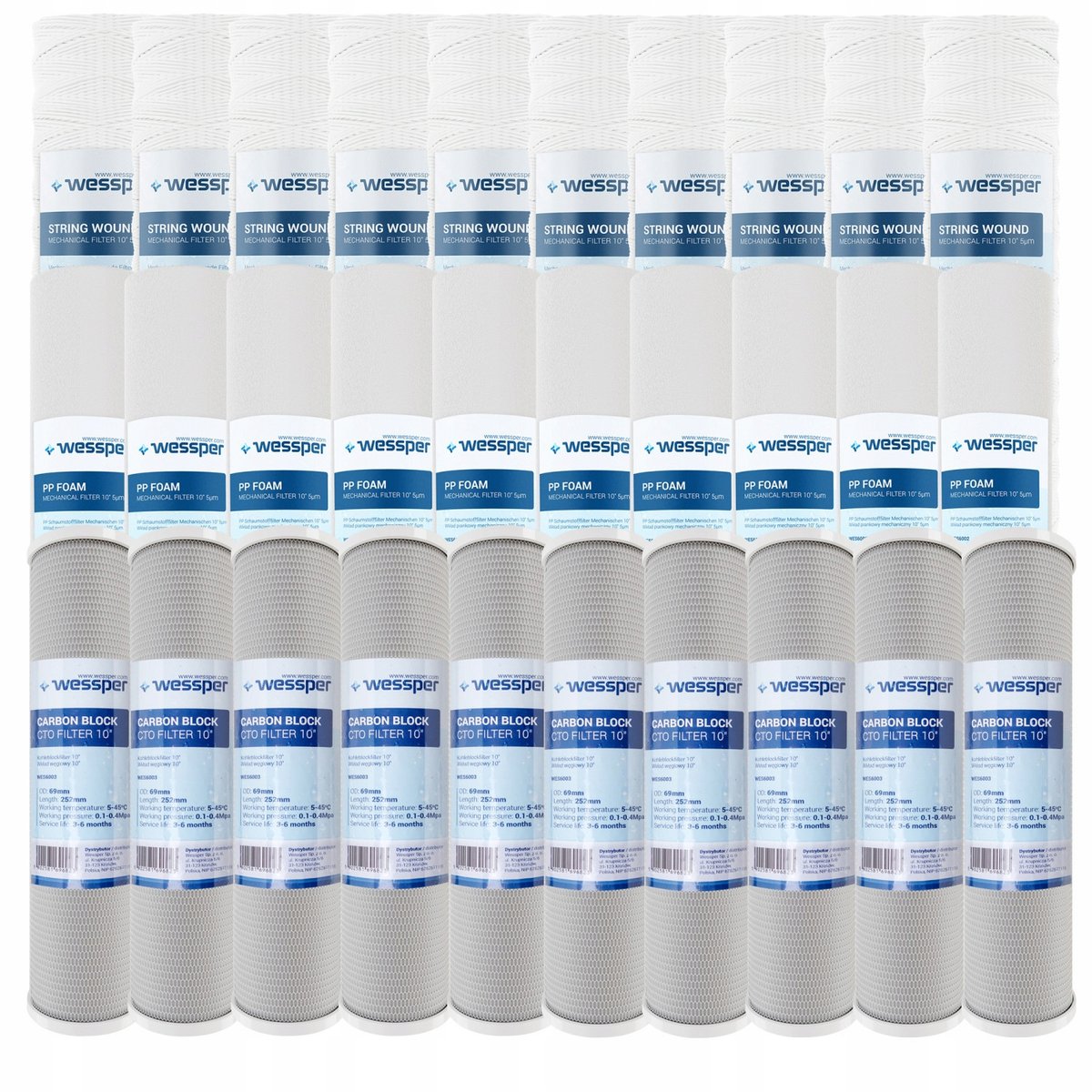 Zestaw 30 filtrów oczyszczania wody 10 cali