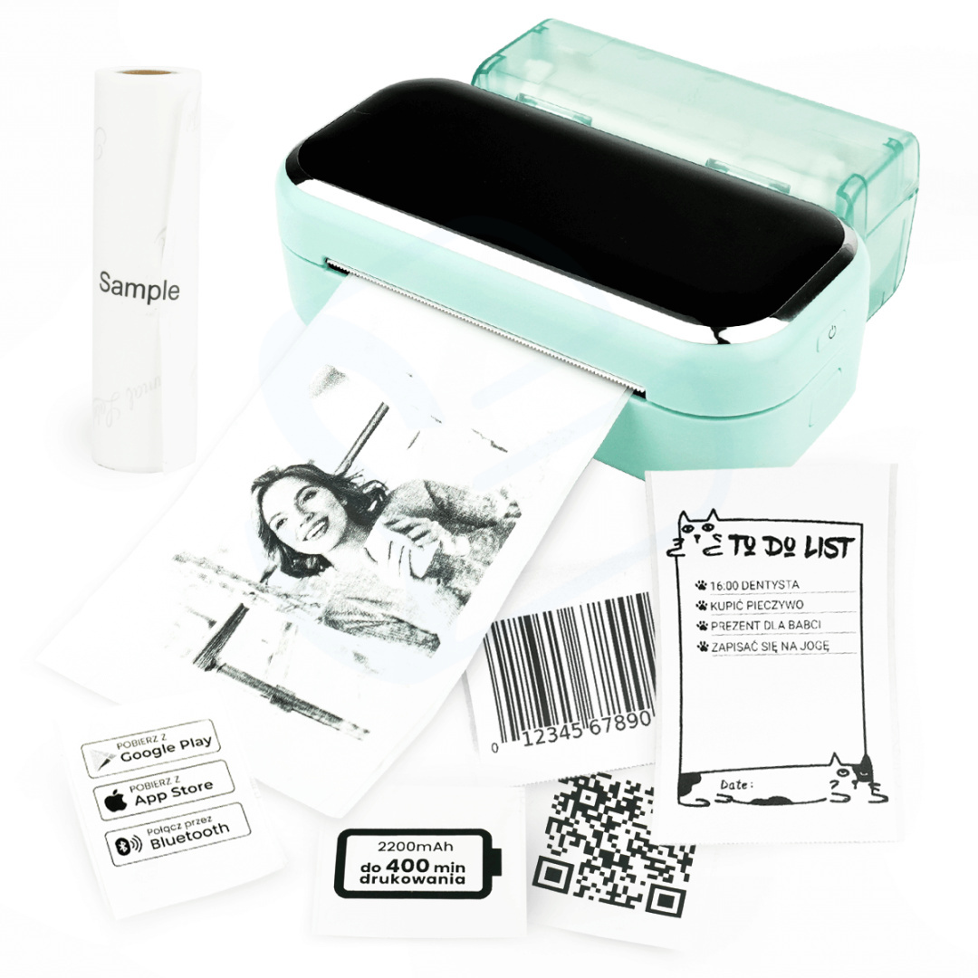 Mini drukarka etykiet Phomemo M03 zielona Bluetooth szer. do 80 mm 203 DPI PROMOCJA!