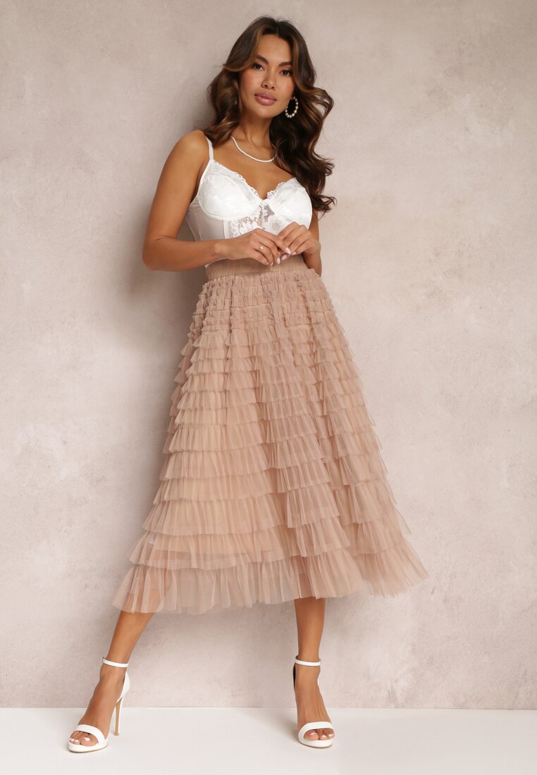 Beżowa Spódnica Midi z Tiulowymi Falbankami Kontha