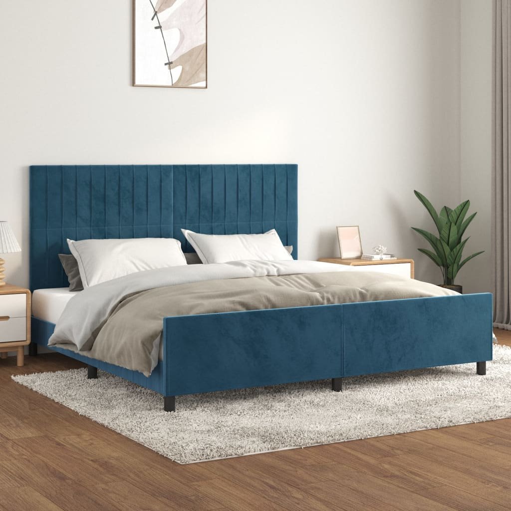 Rama łóżka z zagłówkiem, ciemnoniebieska, 200x200 cm, aksamitna Lumarko