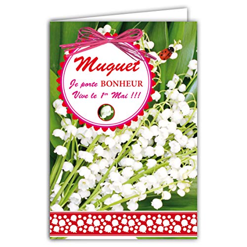 Afie 68-1039-A Karta z kopertą MUGUET PORTEBURHER z ręcznie malowanym drewnianym COCINELLE w czerwonym 13 białych dzwoneczkach 1 maja bukiet kwiatów impreza