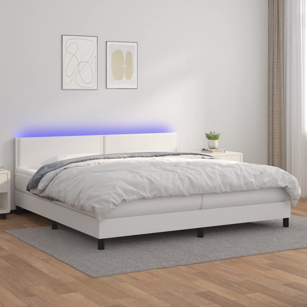 Lumarko Łóżko kontynentalne z materacem i LED, biała ekoskóra 200x200cm
