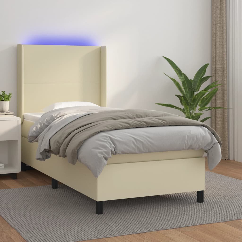 Łóżko kontynentalne z LED, materac, kremowe, ekoskóra 90x190 cm  Lumarko
