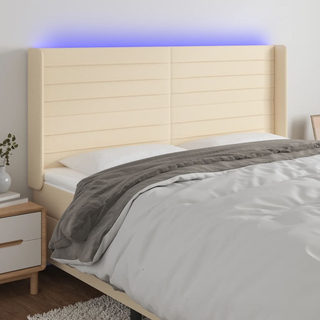 Lumarko Zagłówek do łóżka z LED, kremowy, 203x16x118/128 cm, tkanina
