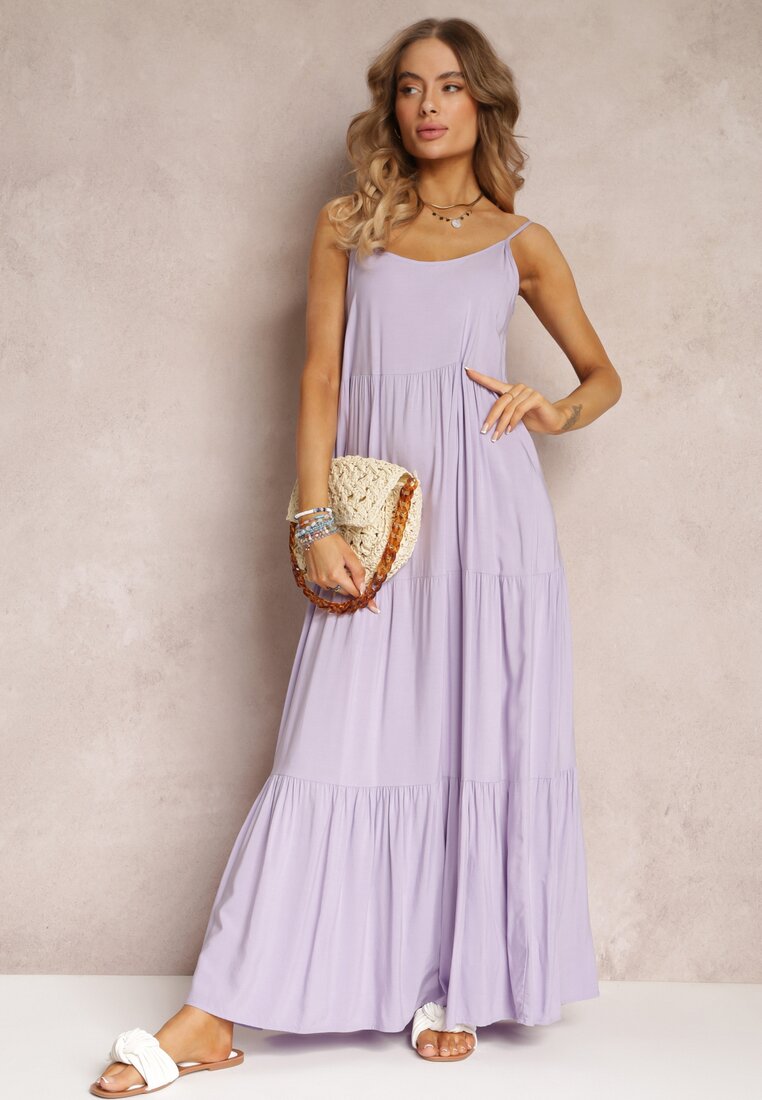Fioletowa Sukienka Maxi z Wiskozy na Ramiączkach Avaja