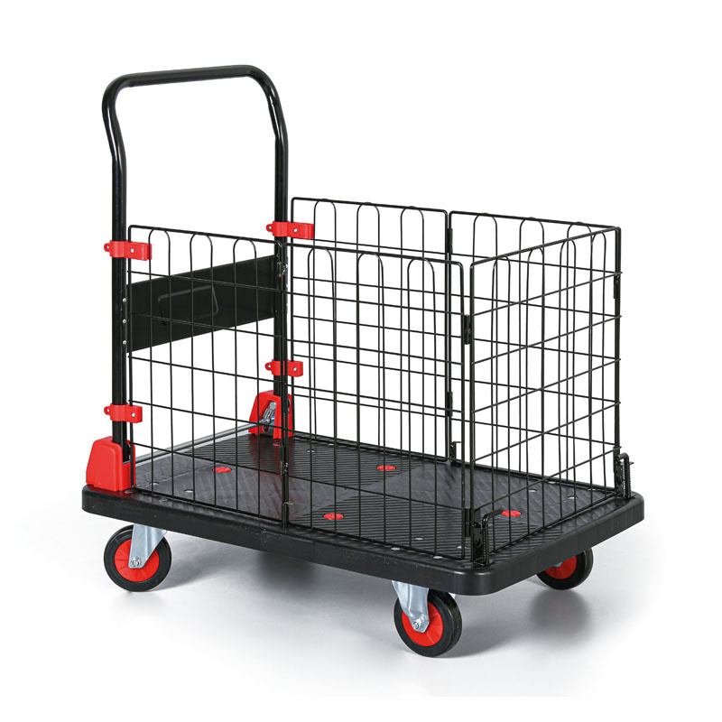 Wózek platformowy ze składaną rączką, 3 barierki z drutu, 300 kg, metalowe uchwyty na koła
