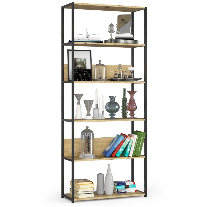 Regał loftowy metalowy 80 cm - czarny-dąb artisan - 6 półek