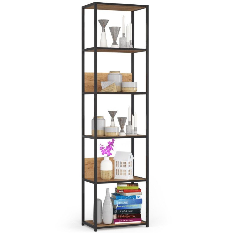 Regał loftowy metalowy 50 cm - czarny-dąb craft - 6 półek