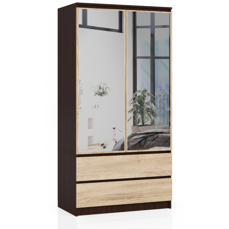 Szafa AKORD S90 Wenge 90 cm z lustrem - 2 drzwi, 2 szuflady, fronty kolor Dąb Sonoma, mat, 4 półki - 90x51x180 cm
