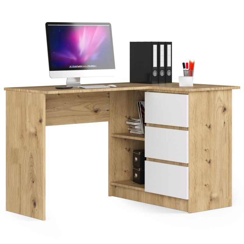Biurko narożne B16 124 cm prawe 3 szuflady - dąb artisan-białe