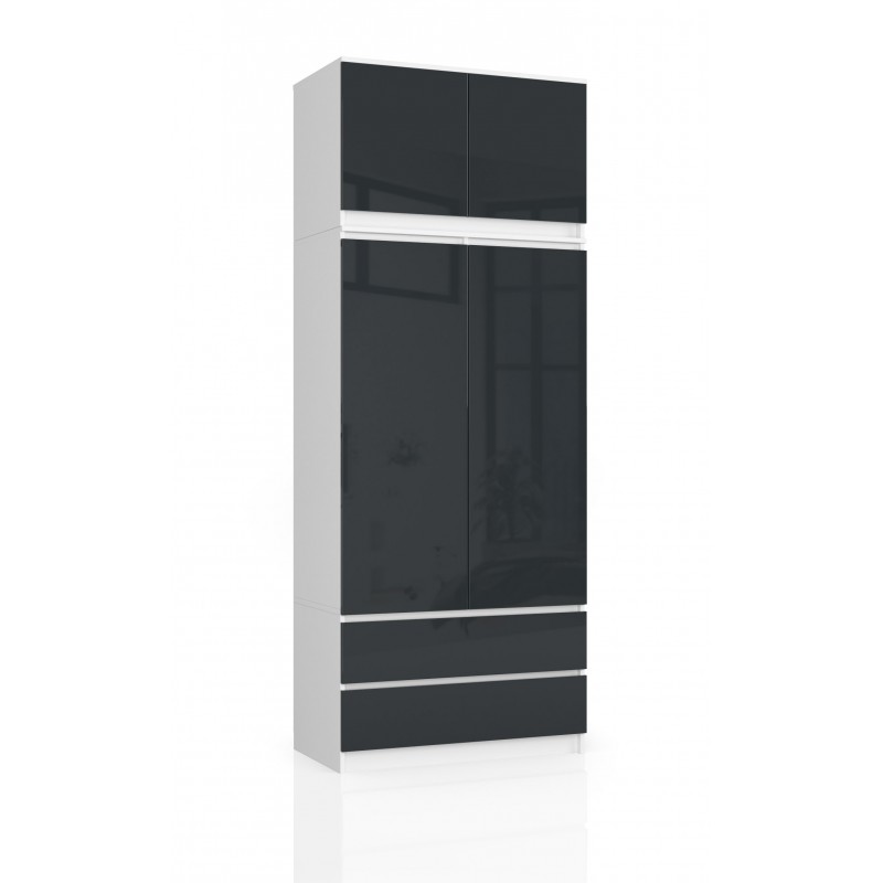 Szafa AKORD S90 z nadstawką Biała 90 cm - 2 drzwi, 2 szuflady, fronty kolor Grafit Połysk, 6 półek - 90x51x234 cm
