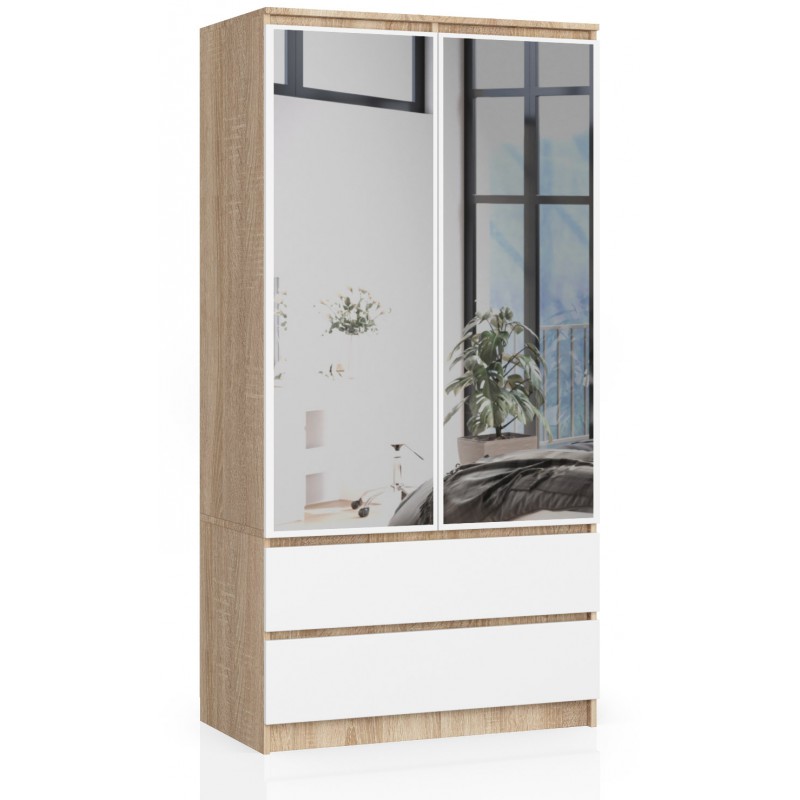 Szafa AKORD S90 Dąb Sonoma 90 cm z lustrem - 2 drzwi, 2 szuflady, fronty kolor Biały, mat, 4 półki - 90x51x180 cm