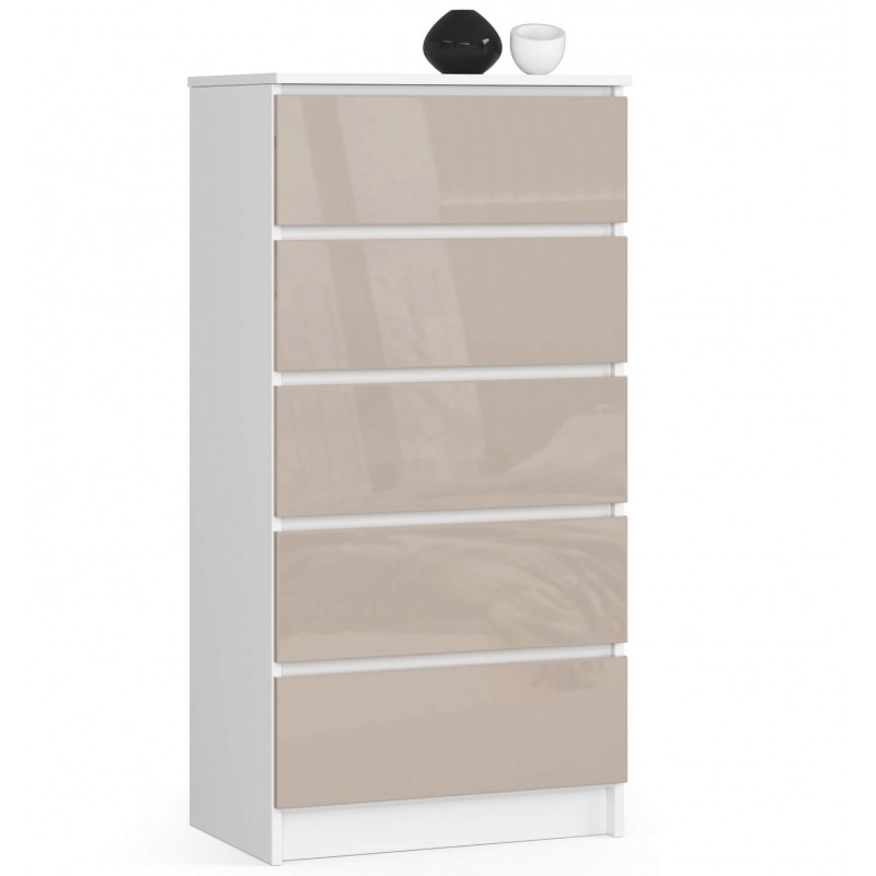 Komoda do salonu K 60 cm 5 szuflad - biała-cappuccino połysk