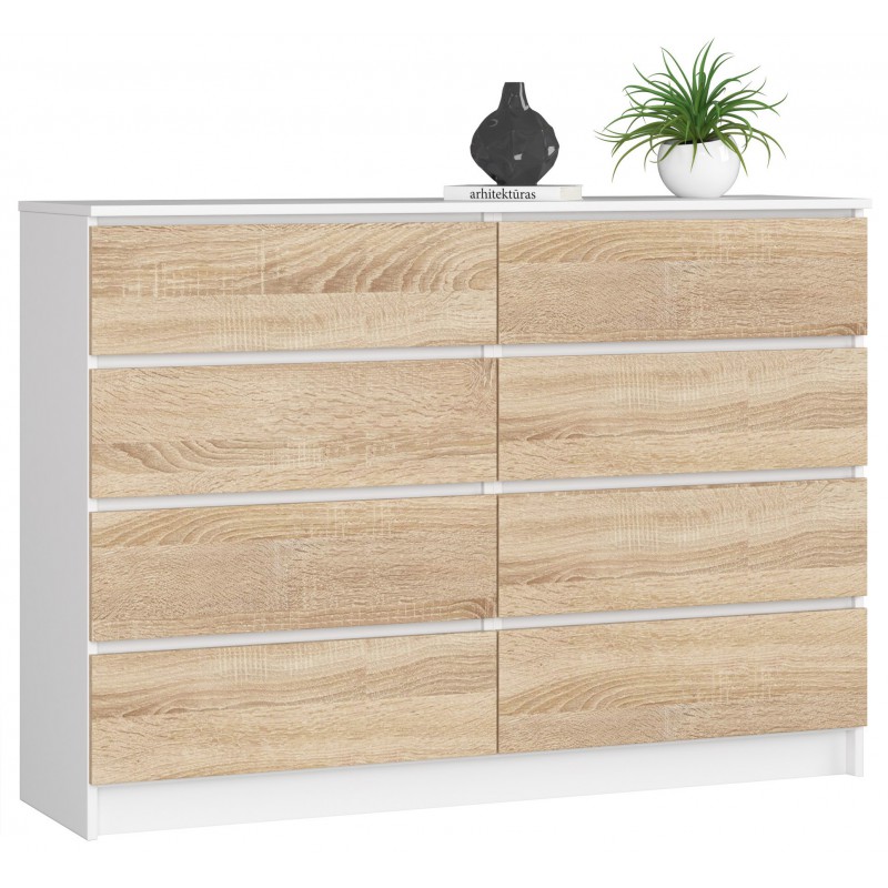 Akord Fabryka mebli KOMODA K 140cm 8 SZUFLAD BIAŁA / SONOMA OP0LKOMBIASON004