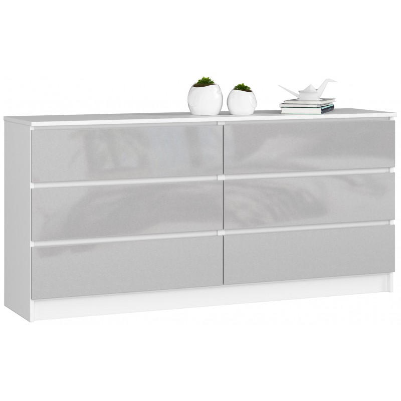 KOMODA K 160 cm 6 SZUFLAD BIAŁA / METALIK POŁYSK