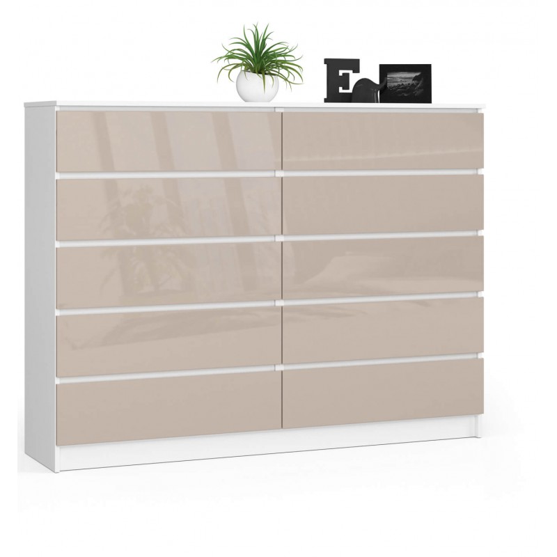 Komoda do salonu K 160 cm 10 szuflad - biała-cappuccino połysk