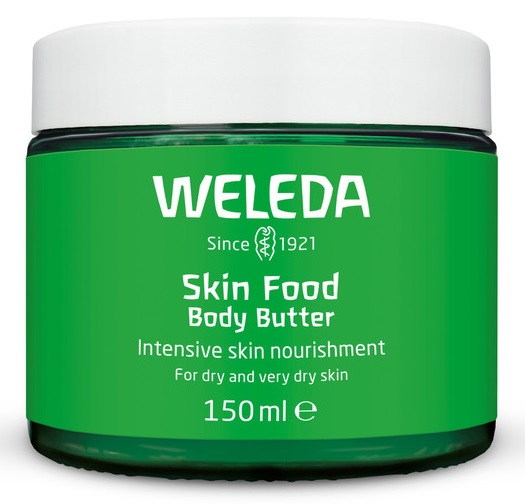 WELEDA Skin Food masło do ciała, wegańska pielęgnacja ciała w nowym szklanym pojemniku, bogaty, naturalny kosmetyk, nawilżający z masłem shea i kakaowym do suchej skóry (1 x 150 ml)