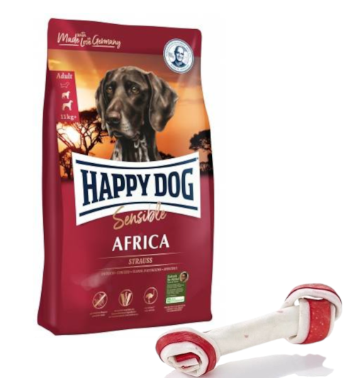 Happy Dog Supreme Sensible Africa 12,5kg + MACED Kość Wiązana Biała Bekon 16cm