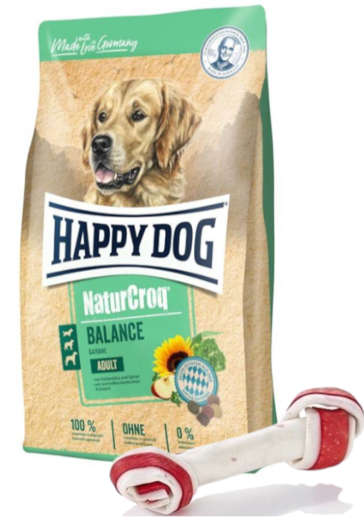 Happy Dog NaturCroq Adult Balance 15 kg + MACED Kość Wiązana Biała Bekon 16cm