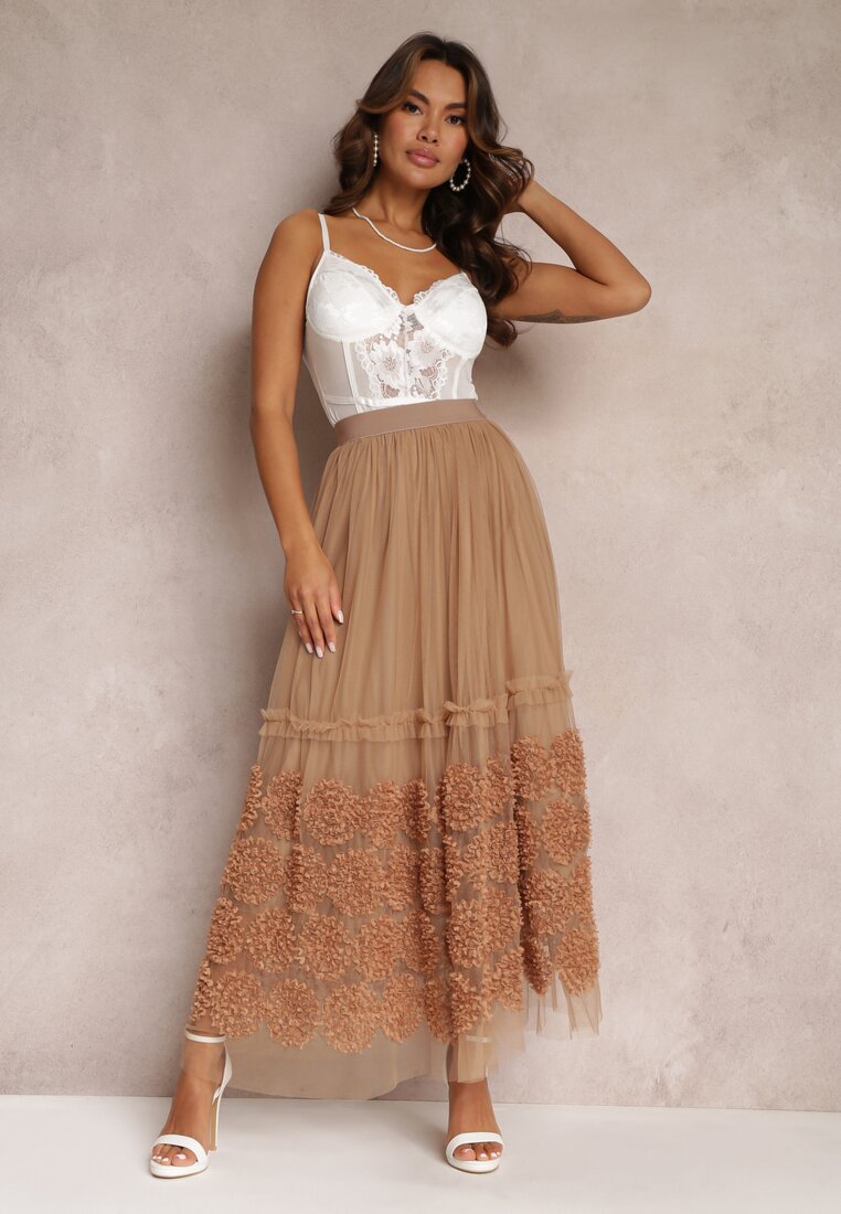 Beżowa Tiulowa Spódnica Maxi z Gumką w Talii Nadelyn