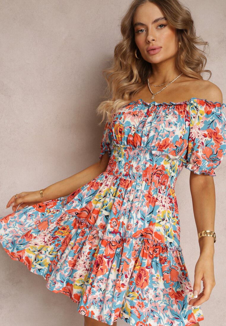 Jasnoniebieska Rozkloszowana Sukienka Mini z Gumkami w Pasie i Krótkimi Rękawami z Wiskozy Merrelle