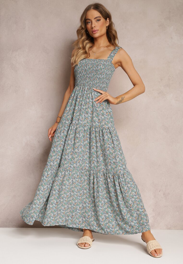 Jasnoniebieska Rozkloszowana Sukienka w Kwiaty na Ramiączkach Malaisia