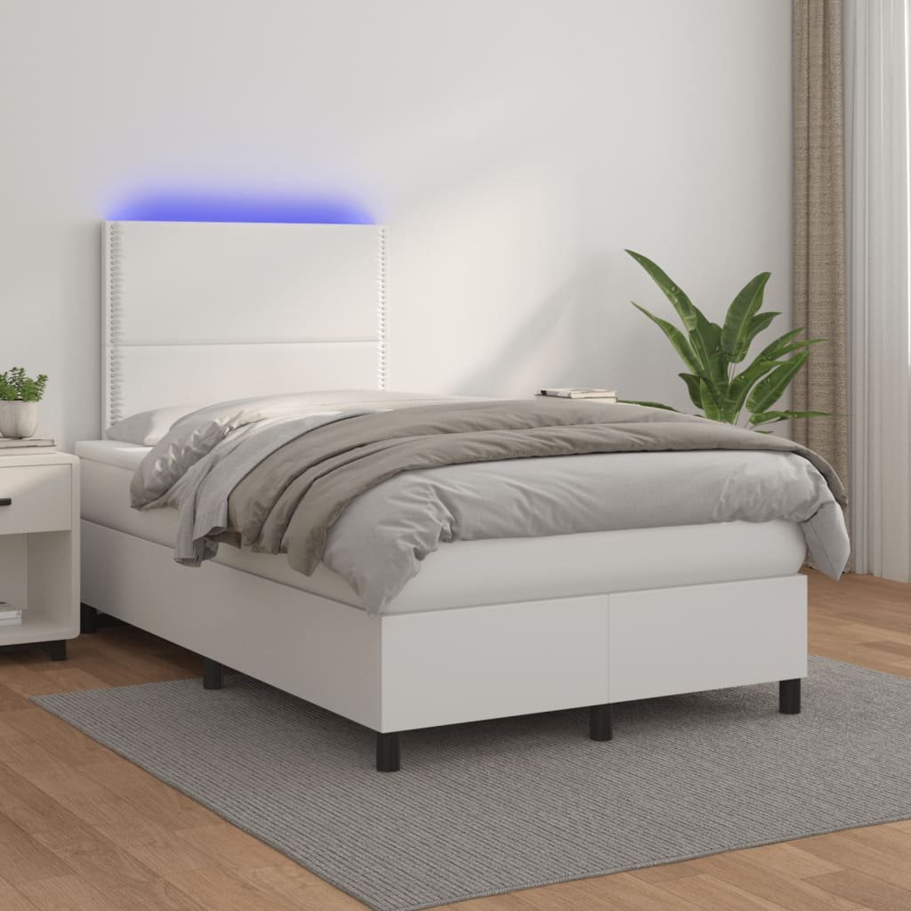 Lumarko Łóżko kontynentalne z materacem i LED, biała ekoskóra 120x200cm
