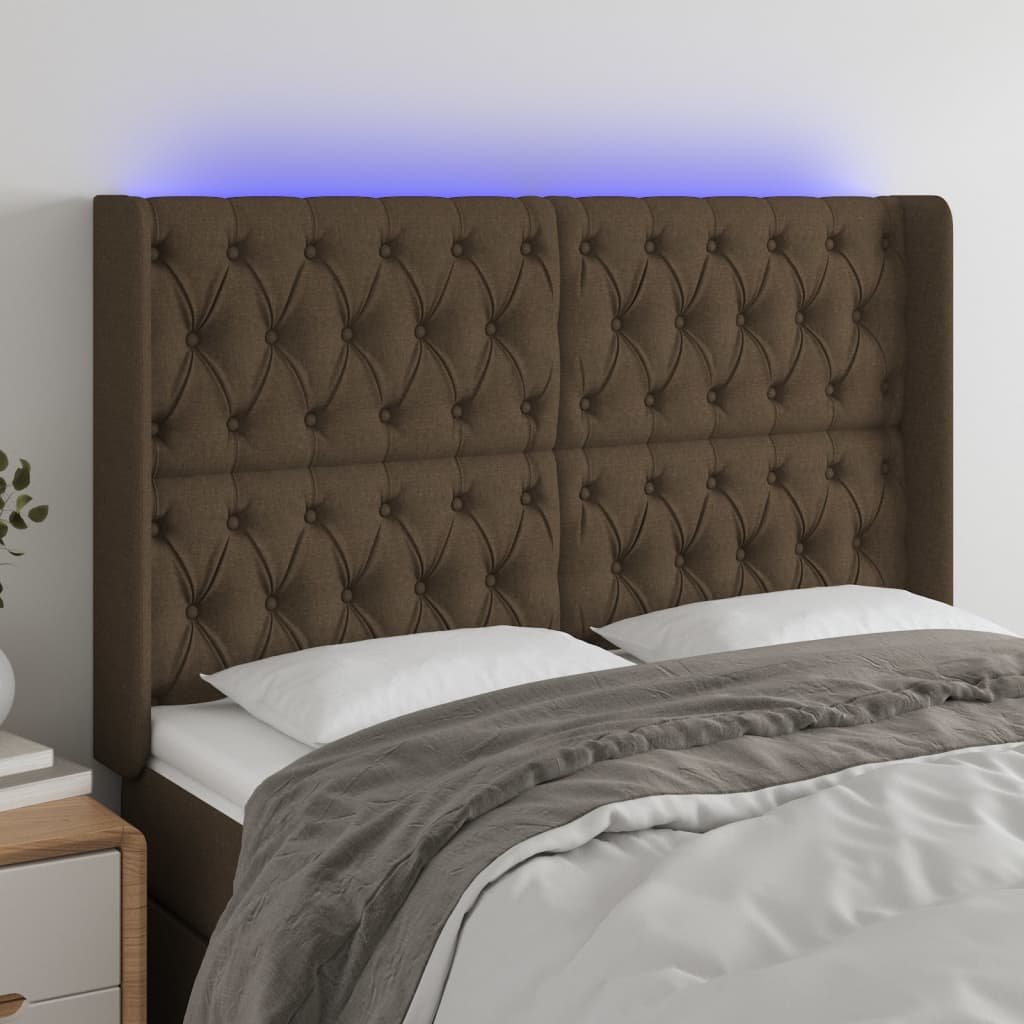 Lumarko Zagłówek do łóżka z LED ciemnobrązowy 163x16x118/128 cm tkanina