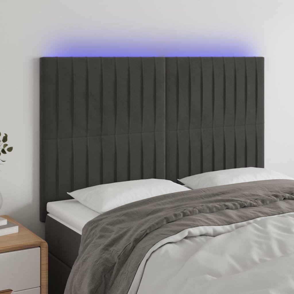 Lumarko Zagłówek do łóżka z LED, ciemnoszary, 144x5x118/128 cm, aksamit